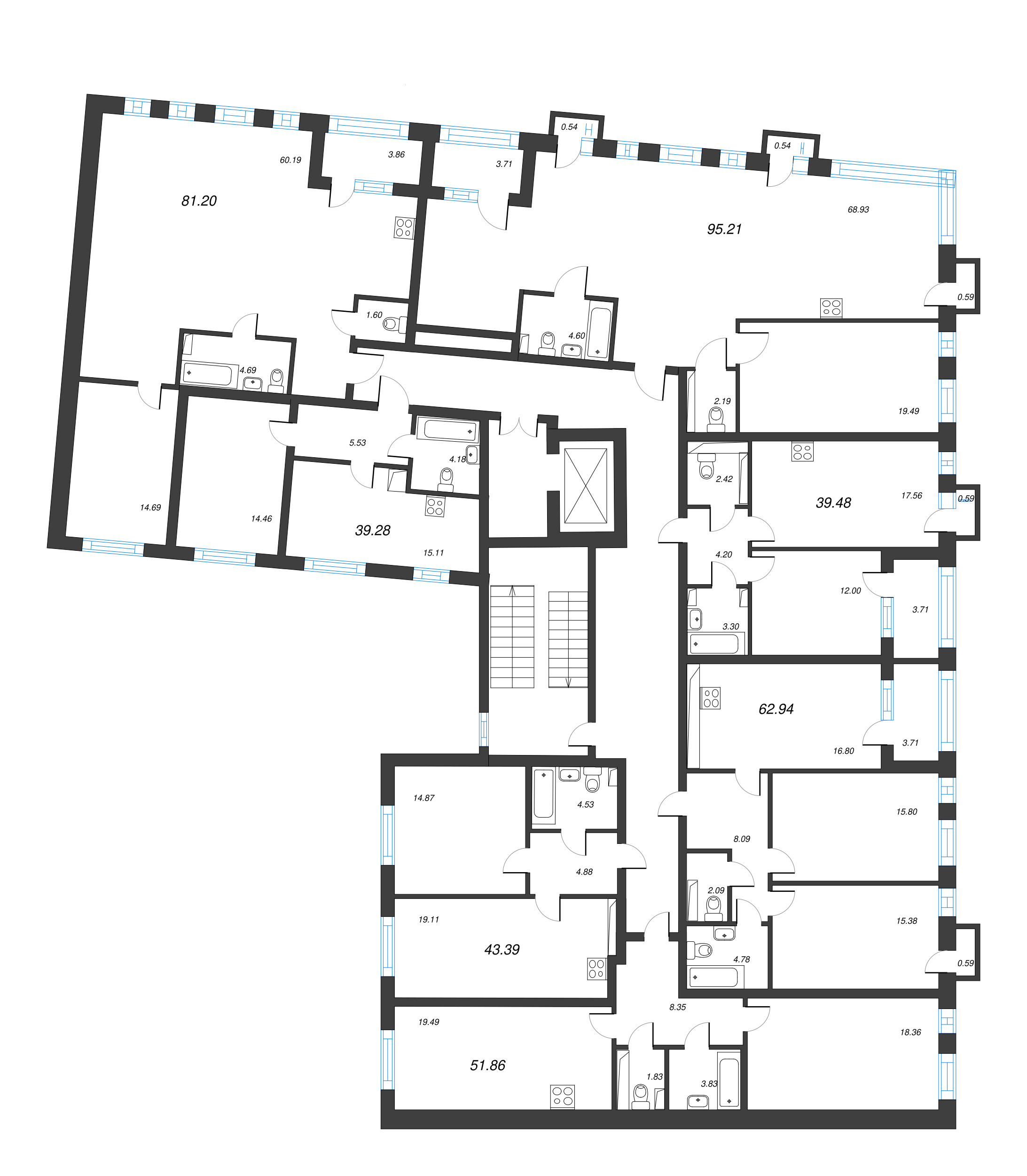 3-комнатная (Евро) квартира, 64.98 м² - планировка этажа