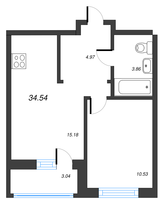 2-комнатная (Евро) квартира, 34.54 м² - планировка, фото №1