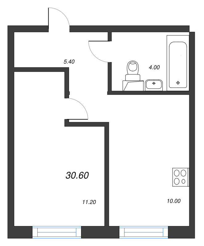 1-комнатная квартира, 30.6 м² - планировка, фото №1