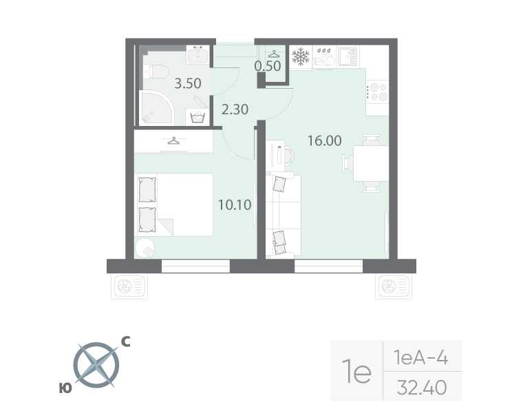 2-комнатная (Евро) квартира, 32.4 м² в ЖК "Зеркальный ручей" - планировка, фото №1