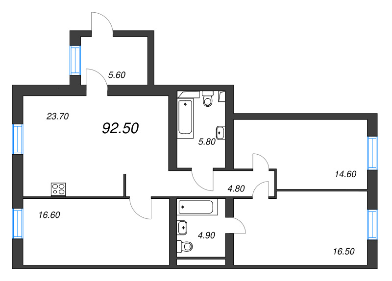 3-комнатная квартира, 94.5 м² в ЖК "Аура" - планировка, фото №1