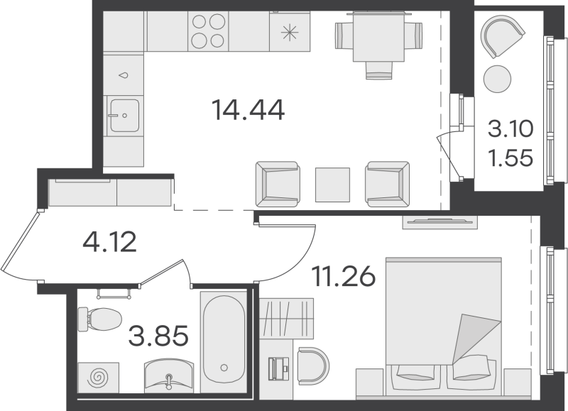 2-комнатная (Евро) квартира, 35.22 м² в ЖК "GloraX Парголово" - планировка, фото №1