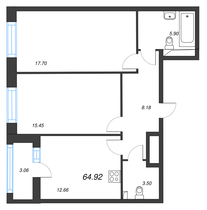 2-комнатная квартира, 64.92 м² в ЖК "Аквилон Leaves" - планировка, фото №1