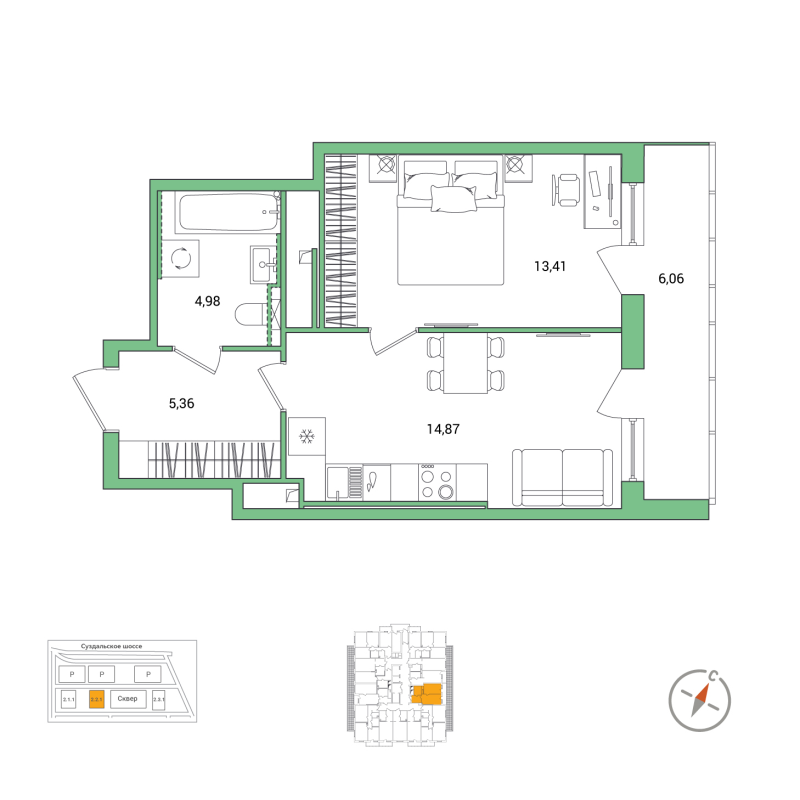 1-комнатная квартира, 41.65 м² в ЖК "Окла" - планировка, фото №1