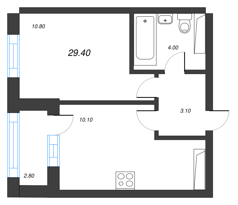 1-комнатная квартира, 29.7 м² - планировка, фото №1