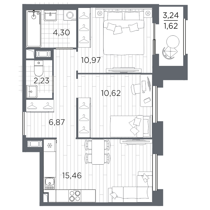 3-комнатная (Евро) квартира, 52.07 м² в ЖК "Оптимист" - планировка, фото №1