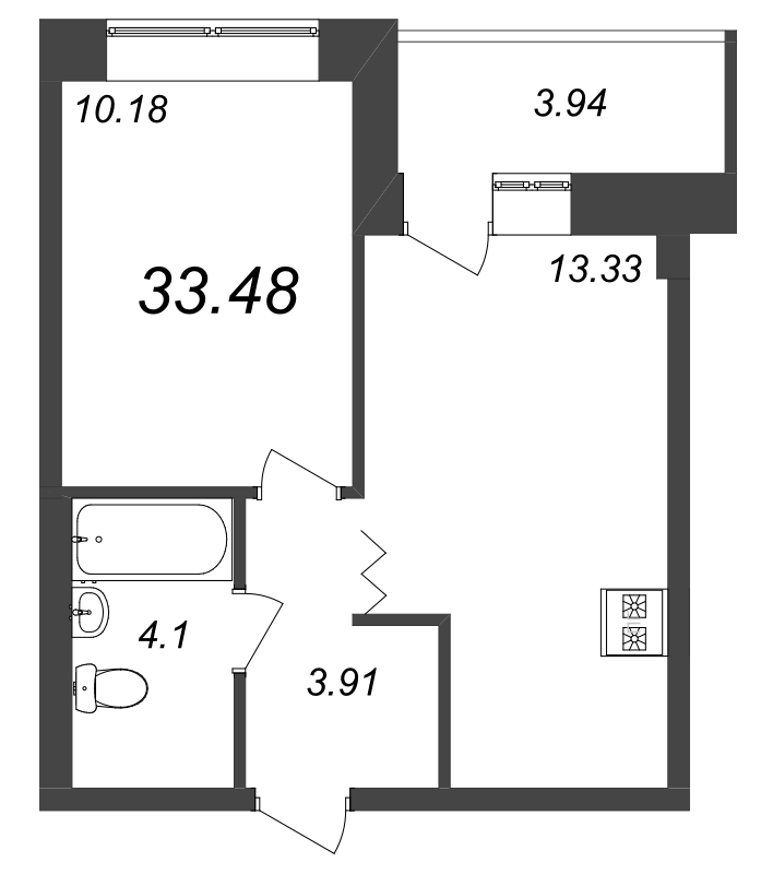 1-комнатная квартира, 33.48 м² - планировка, фото №1