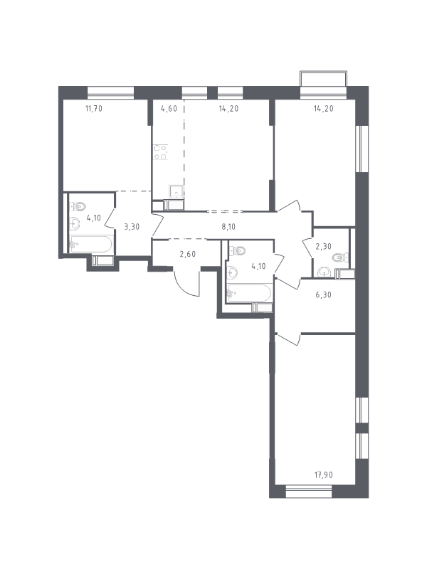 4-комнатная (Евро) квартира, 93.4 м² в ЖК "Курортный Квартал" - планировка, фото №1