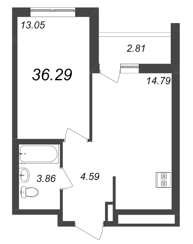 2-комнатная (Евро) квартира, 33.49 м² - планировка, фото №1