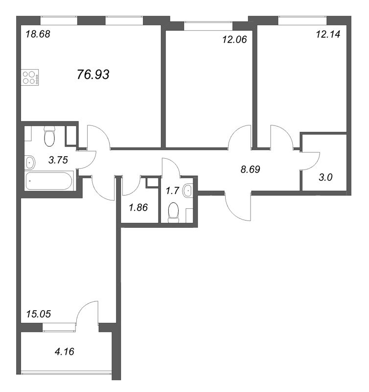 4-комнатная (Евро) квартира, 76.93 м² в ЖК "Любоград" - планировка, фото №1