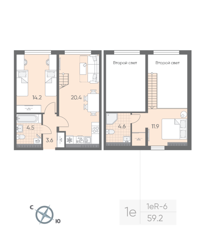 1-комнатная квартира, 59.2 м² в ЖК "Пулково Лейк" - планировка, фото №1
