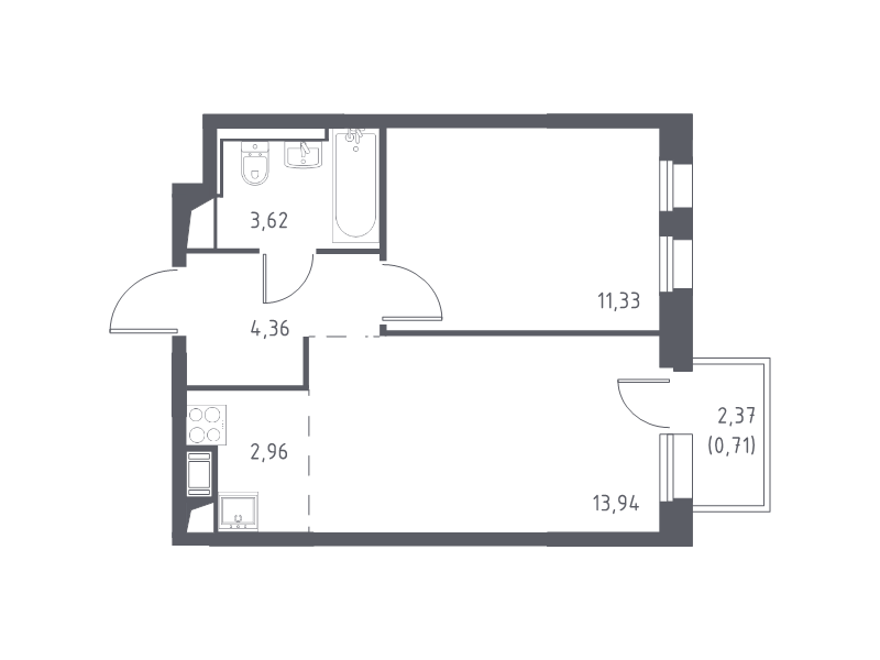 2-комнатная (Евро) квартира, 36.92 м² - планировка, фото №1