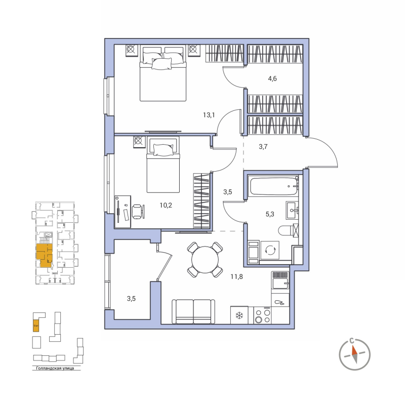 2-комнатная квартира, 53.9 м² - планировка, фото №1