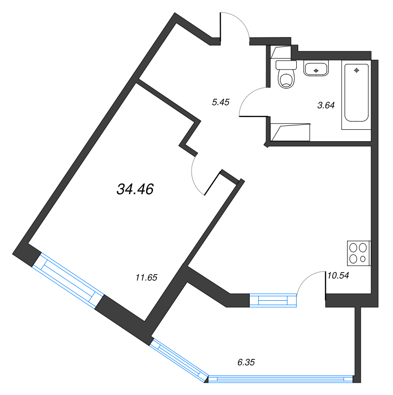 1-комнатная квартира, 37.63 м² - планировка, фото №1