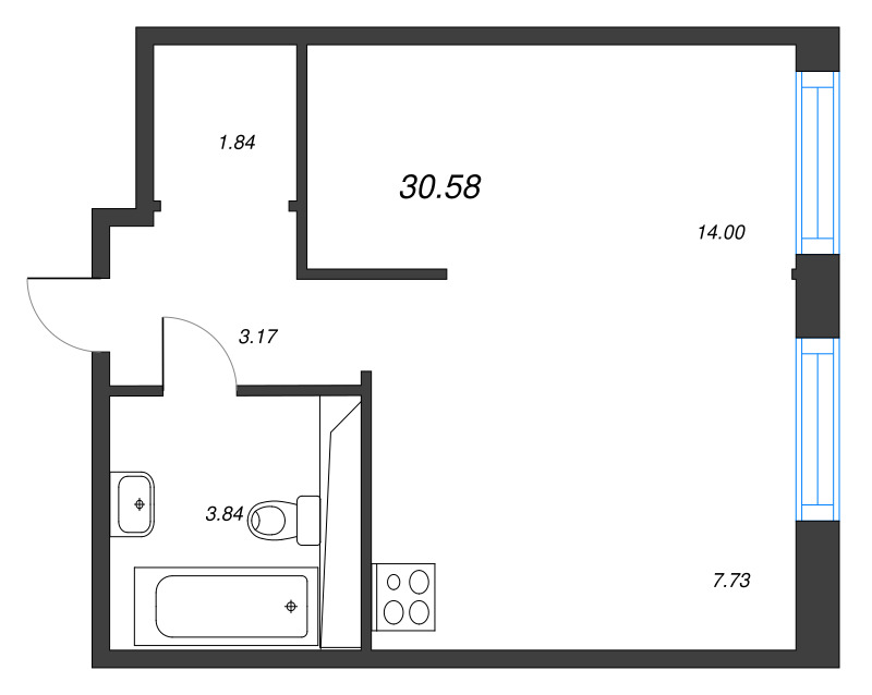 Квартира-студия, 30.58 м² в ЖК "Окла" - планировка, фото №1