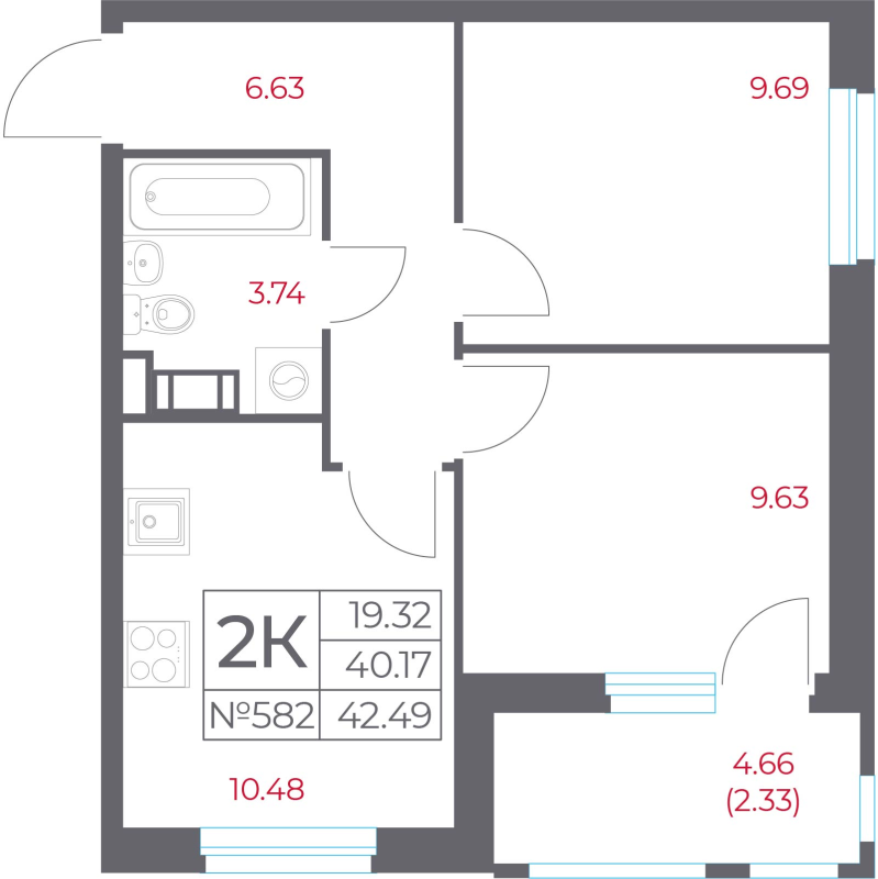 2-комнатная квартира, 42.49 м² в ЖК "Город-спутник Южный" - планировка, фото №1