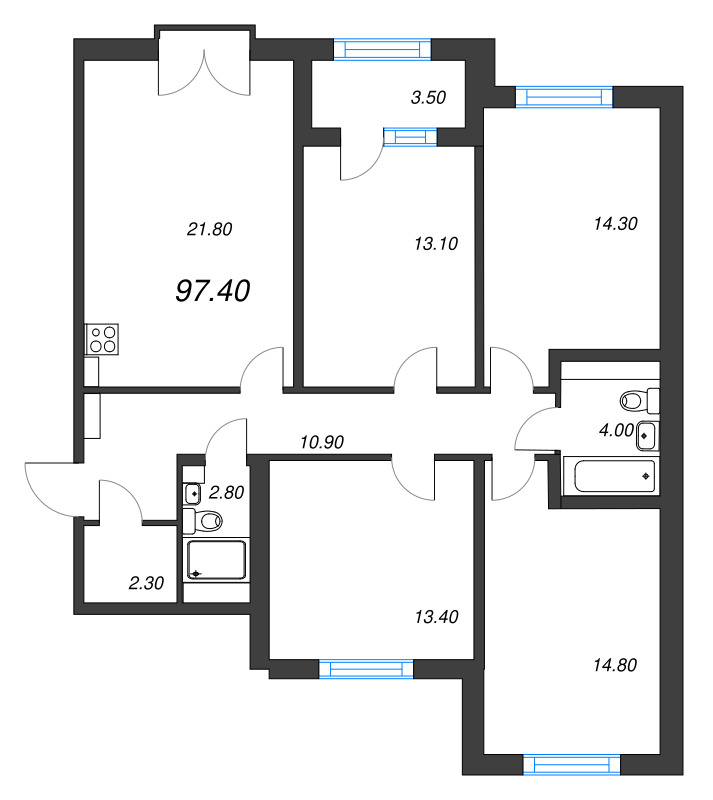 5-комнатная (Евро) квартира, 97.4 м² - планировка, фото №1