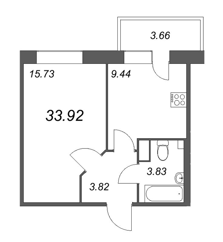 1-комнатная квартира, 33.92 м² - планировка, фото №1