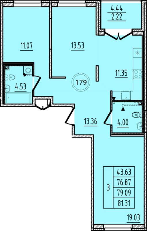 3-комнатная квартира, 76.87 м² - планировка, фото №1