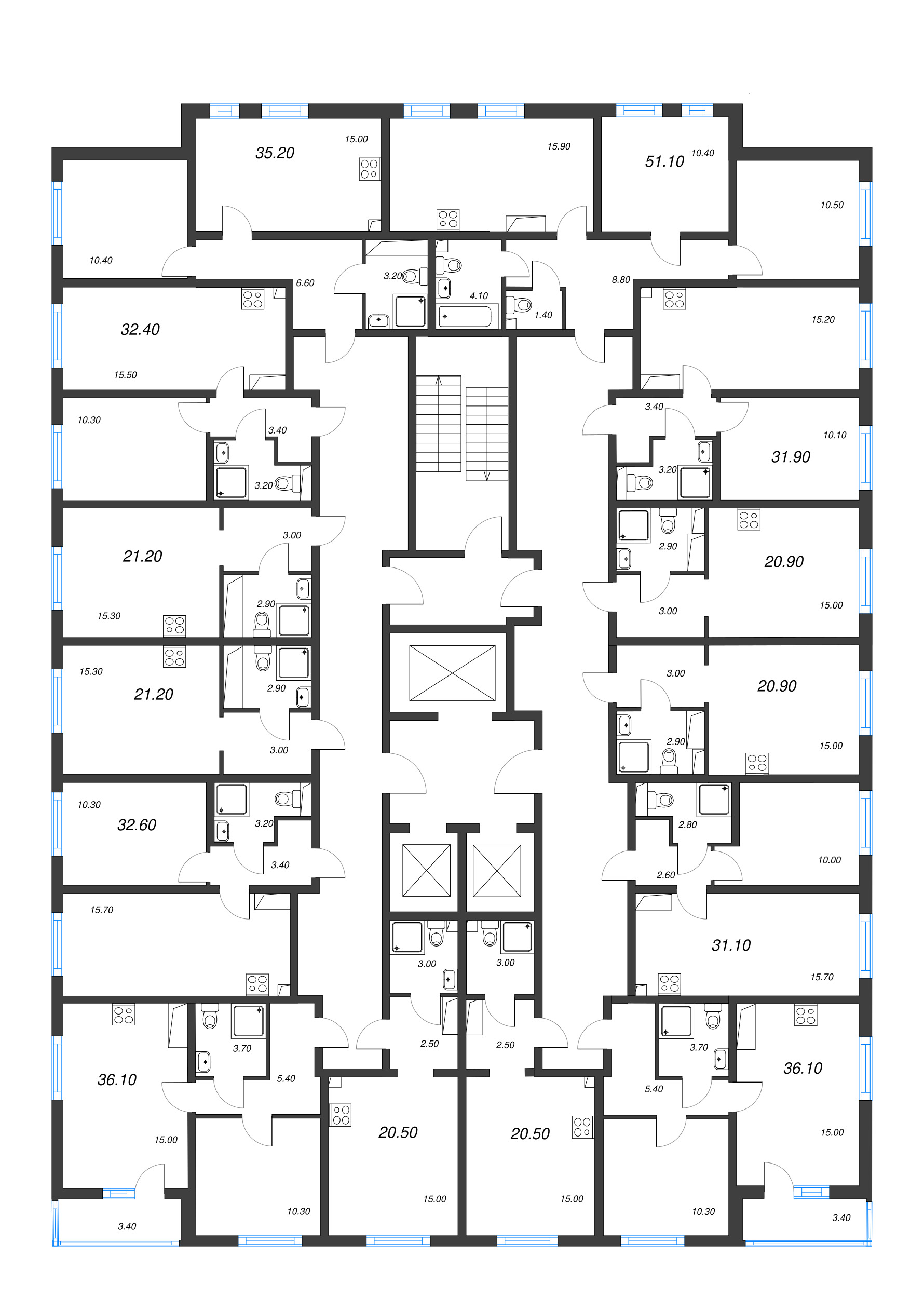 2-комнатная (Евро) квартира, 31.1 м² в ЖК "Ручьи" - планировка этажа