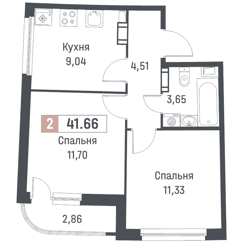 2-комнатная квартира, 41.66 м² - планировка, фото №1