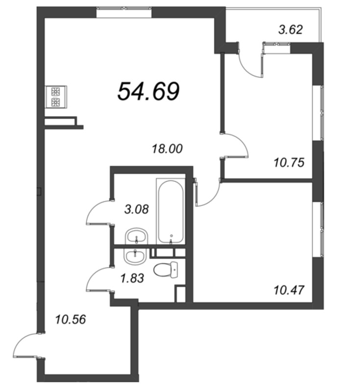 3-комнатная (Евро) квартира, 54.69 м² - планировка, фото №1