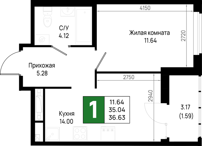 1-комнатная квартира, 36.63 м² в ЖК "Имена" - планировка, фото №1