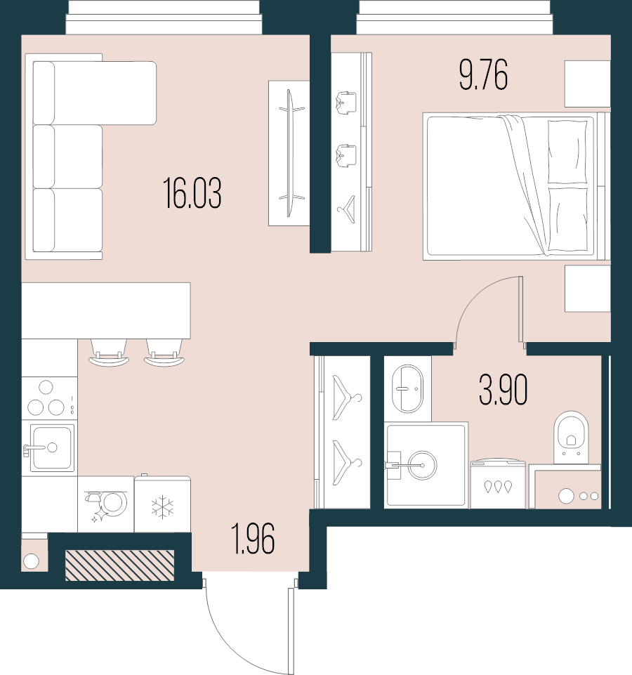 2-комнатная (Евро) квартира, 31.65 м² в ЖК "Новая Земля" - планировка, фото №1