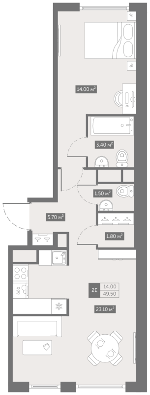 2-комнатная (Евро) квартира, 49.5 м² в ЖК "Квартал «Новый Московский»" - планировка, фото №1