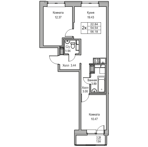 3-комнатная (Евро) квартира, 56.18 м² в ЖК "Юнтолово" - планировка, фото №1