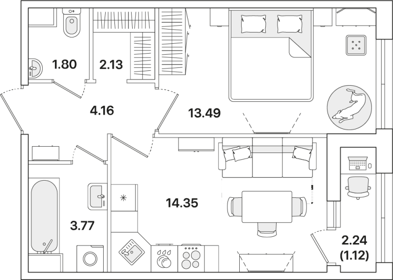 2-комнатная (Евро) квартира, 40.82 м² - планировка, фото №1