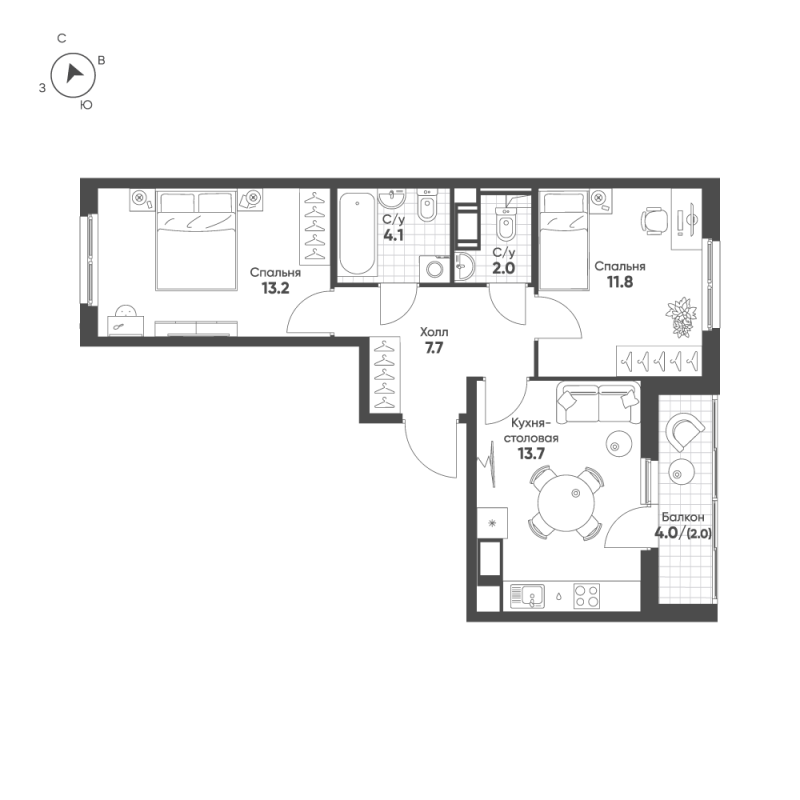 2-комнатная квартира, 54.5 м² в ЖК "Клюква.Парк" - планировка, фото №1