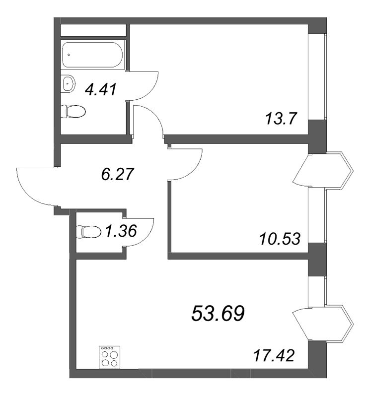 3-комнатная (Евро) квартира, 53.69 м² в ЖК "Avant" - планировка, фото №1