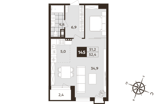 Квартира-студия, 51.2 м² в ЖК "Дом на Бронницкой" - планировка, фото №1
