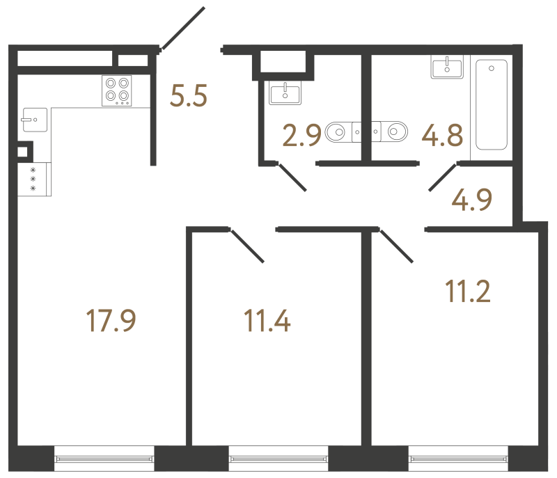 3-комнатная (Евро) квартира, 58.6 м² в ЖК "Передвижники 2" - планировка, фото №1