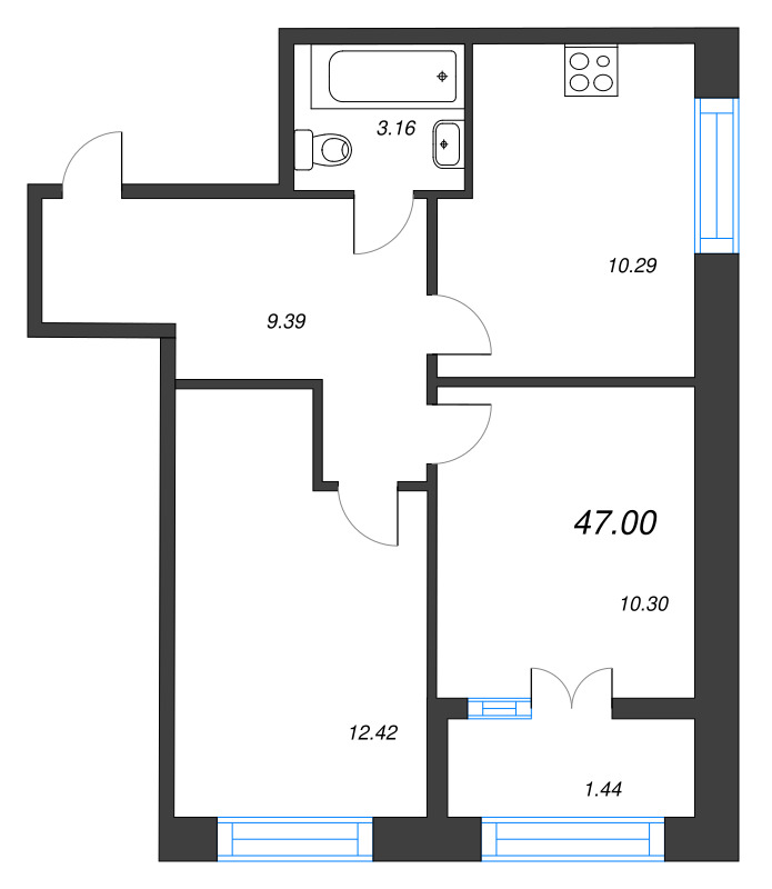 2-комнатная квартира, 47 м² в ЖК "Капральский берег" - планировка, фото №1