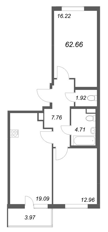 3-комнатная (Евро) квартира, 62.66 м² - планировка, фото №1