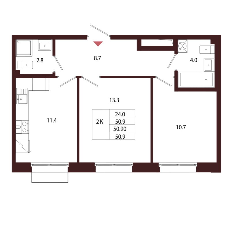 2-комнатная квартира, 50.9 м² в ЖК "Лисино" - планировка, фото №1
