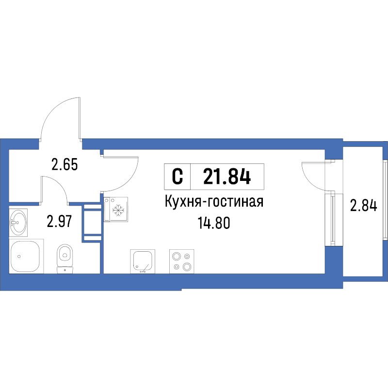 Квартира-студия, 21.84 м² - планировка, фото №1