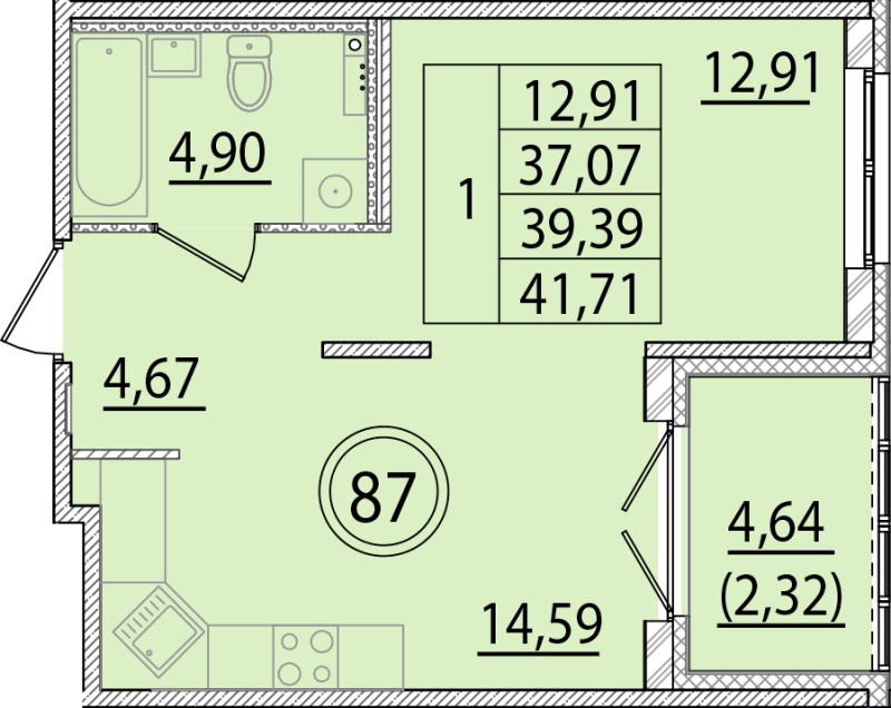 1-комнатная квартира, 37.07 м² - планировка, фото №1
