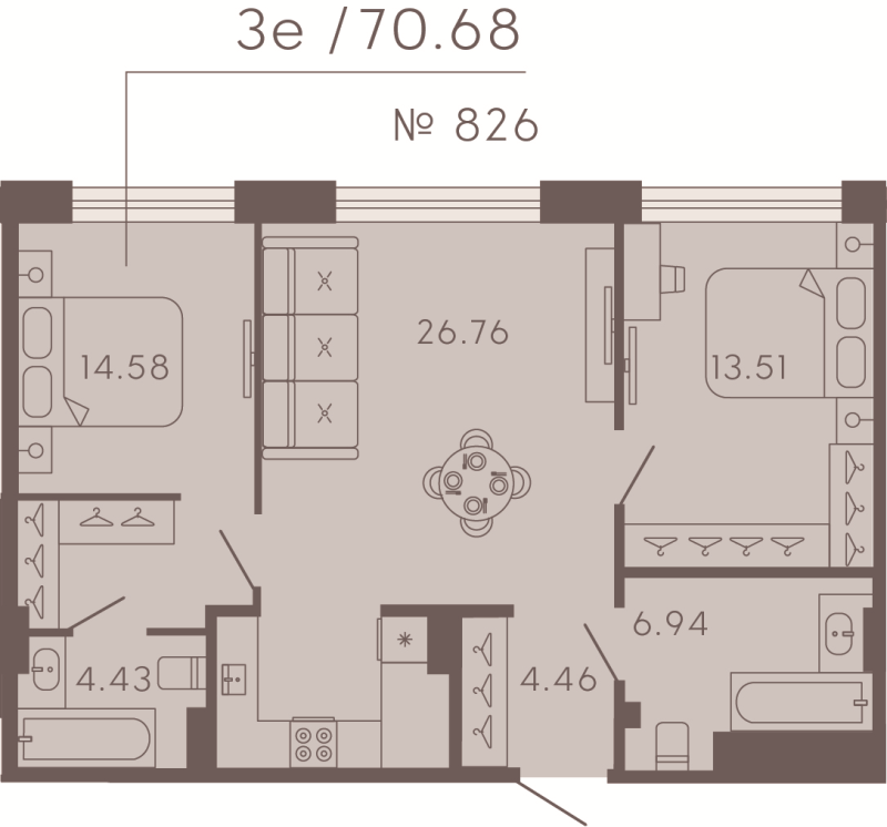 3-комнатная (Евро) квартира, 70.68 м² в ЖК "17/33 Петровский остров" - планировка, фото №1