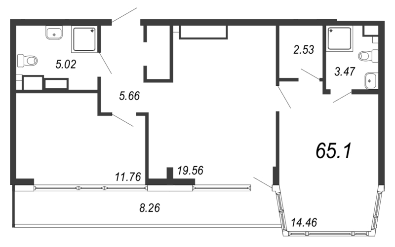 3-комнатная (Евро) квартира, 64.8 м² - планировка, фото №1