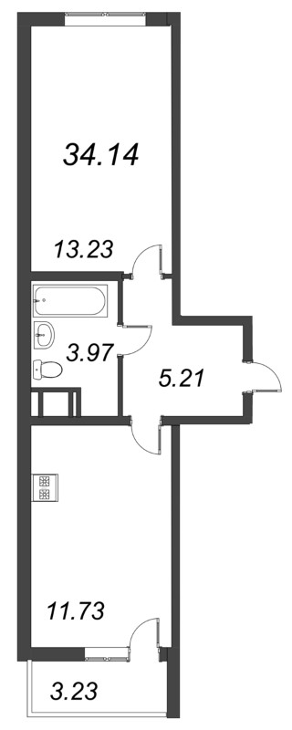 1-комнатная квартира, 34.3 м² - планировка, фото №1