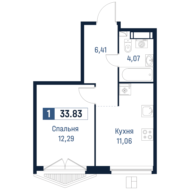1-комнатная квартира, 33.83 м² в ЖК "Максималист" - планировка, фото №1