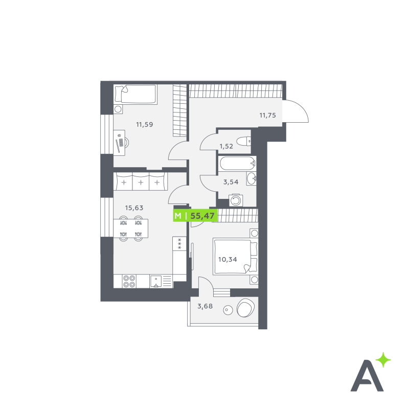 3-комнатная (Евро) квартира, 55.11 м² в ЖК "Аквилон Verba" - планировка, фото №1