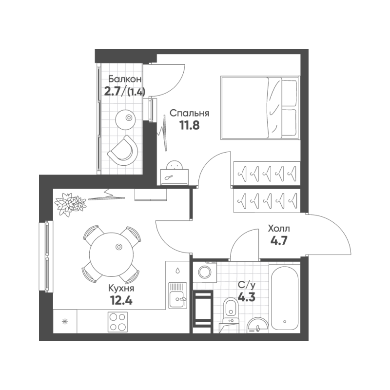 1-комнатная квартира, 34.6 м² в ЖК "Клюква.Парк" - планировка, фото №1