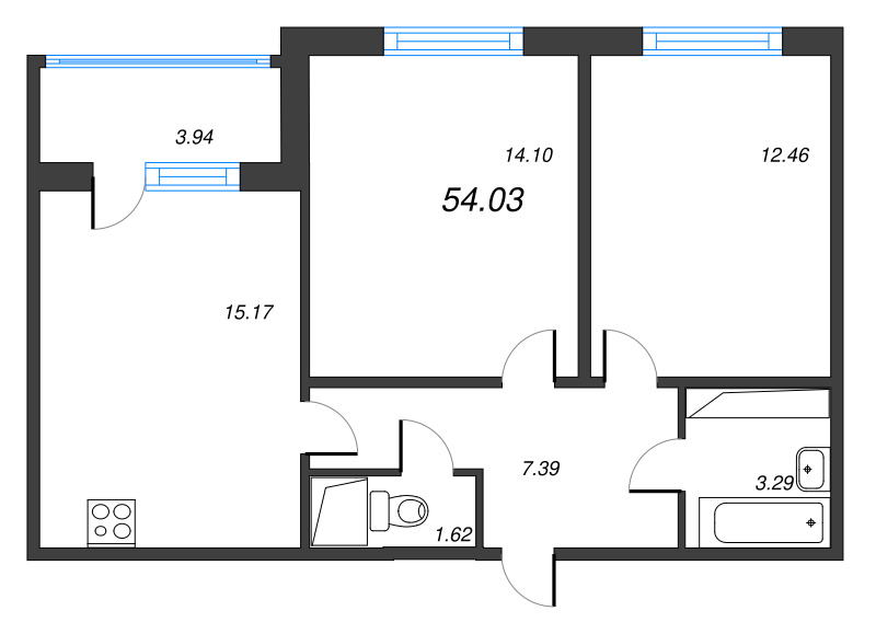 3-комнатная (Евро) квартира, 54.03 м² в ЖК "ЮгТаун" - планировка, фото №1