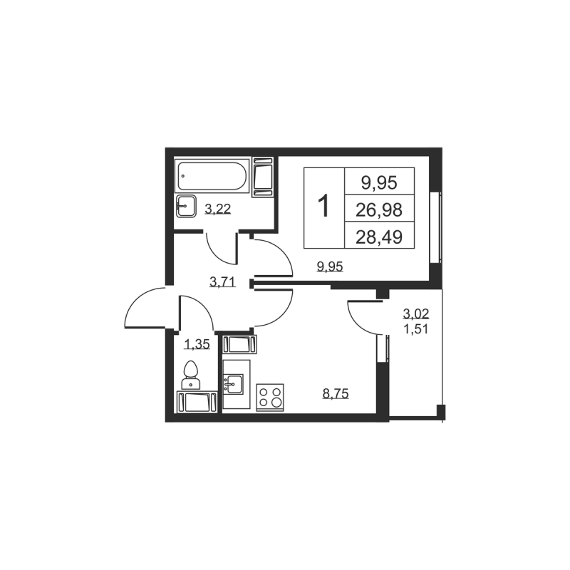 1-комнатная квартира, 28.49 м² - планировка, фото №1