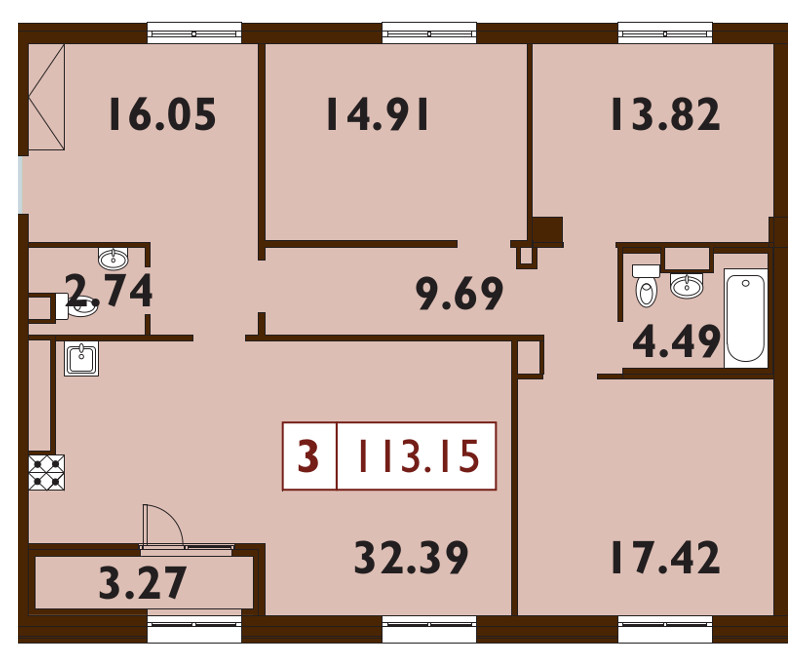 4-комнатная (Евро) квартира, 113.6 м² - планировка, фото №1