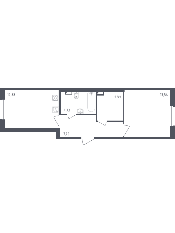 1-комнатная квартира, 43.54 м² - планировка, фото №1